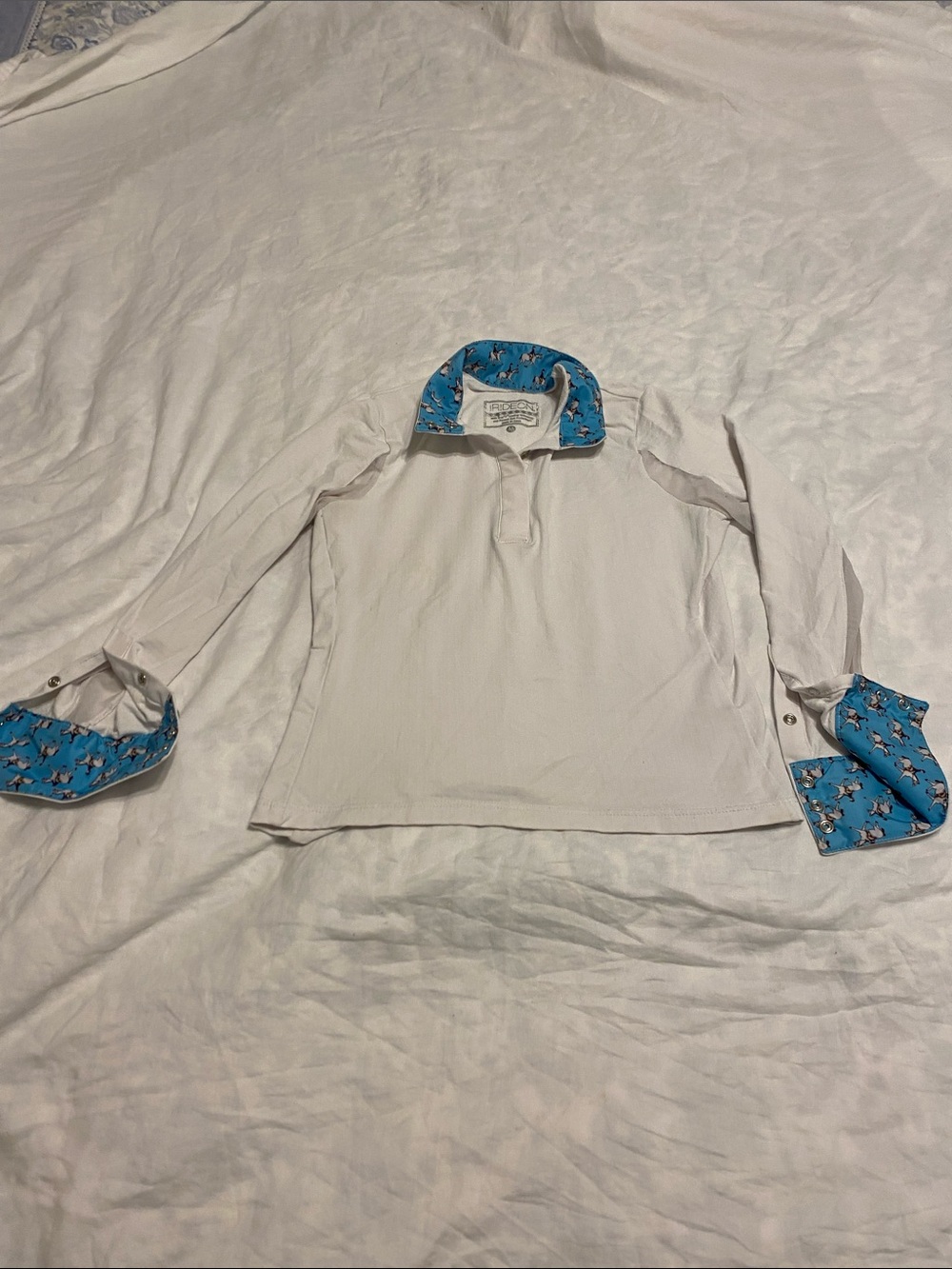 IRIDEON Kids White Long-Sleeve Shirt with Blue Patterned Trim Equestrian